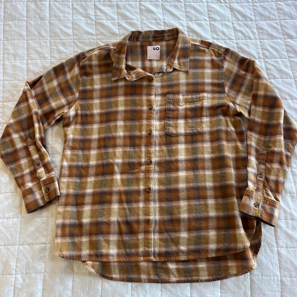 SO 100% Cotton Brown & Tan Plaid Flannel | Button-Up Shirt